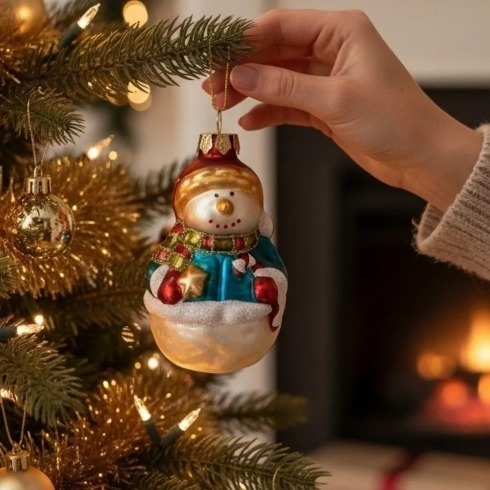 Vintage Blown Glass Snowman Christmas Ornament Blue Coat Red Hat Holiday Decor